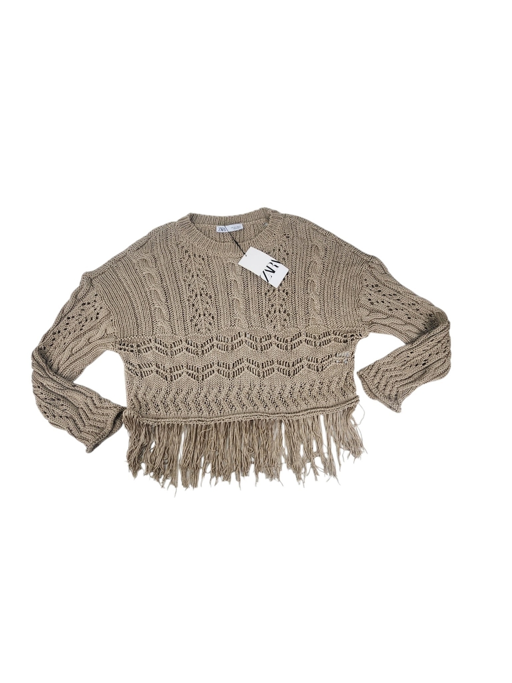 Zara Women’s Large Beige Cable Knit Openwork Fringe Hem Sweater NWT